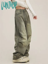 Lunivop Women’s Fold Design Neutral Style Green Jeans American Vintage Casual Denim Trousers